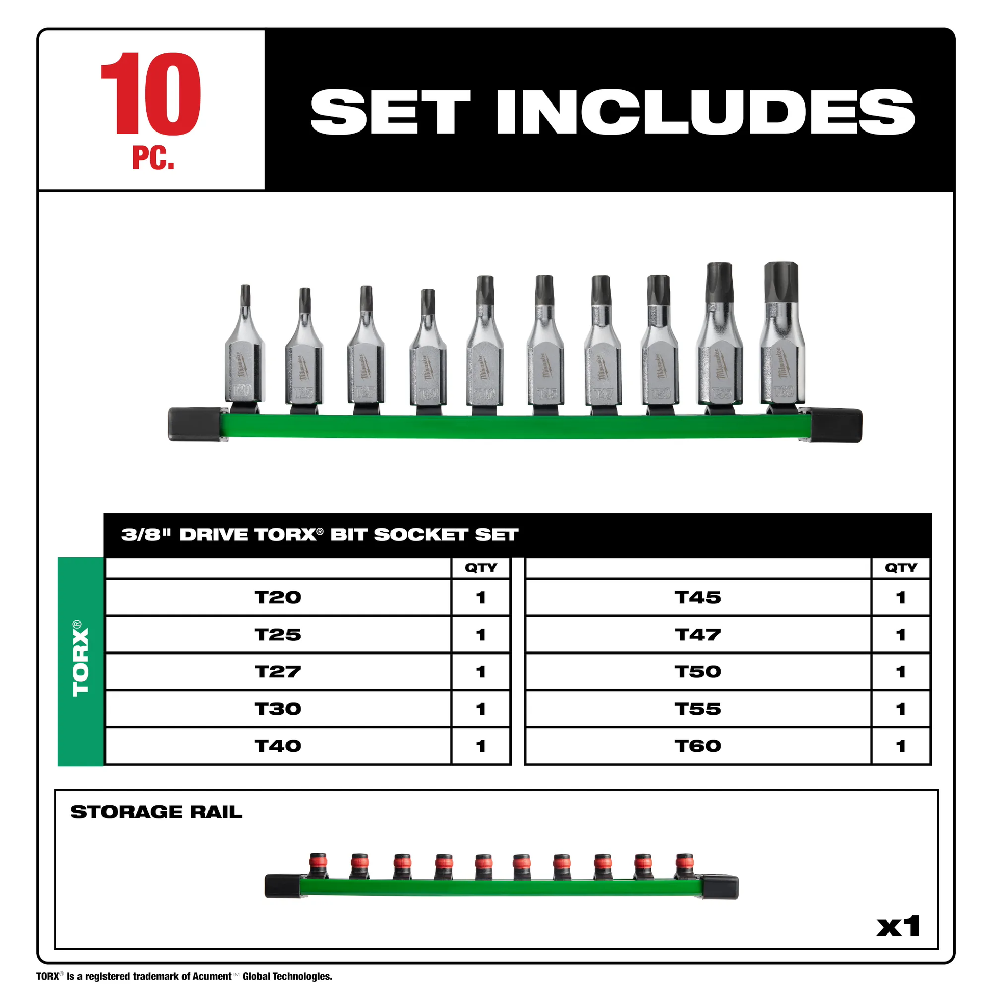 Milwaukee 48-22-9531, 10pc 3/8" Drive TORX® Bit Socket Set