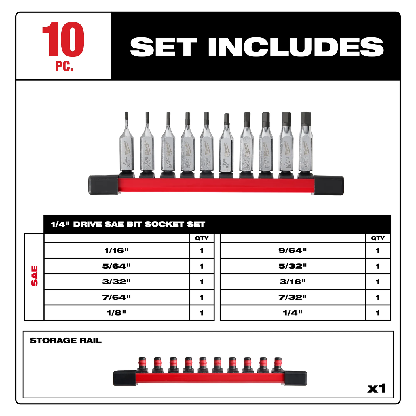 Milwaukee 48-22-9540, 10pc 1/4" Drive Hex Bit Socket Set - SAE