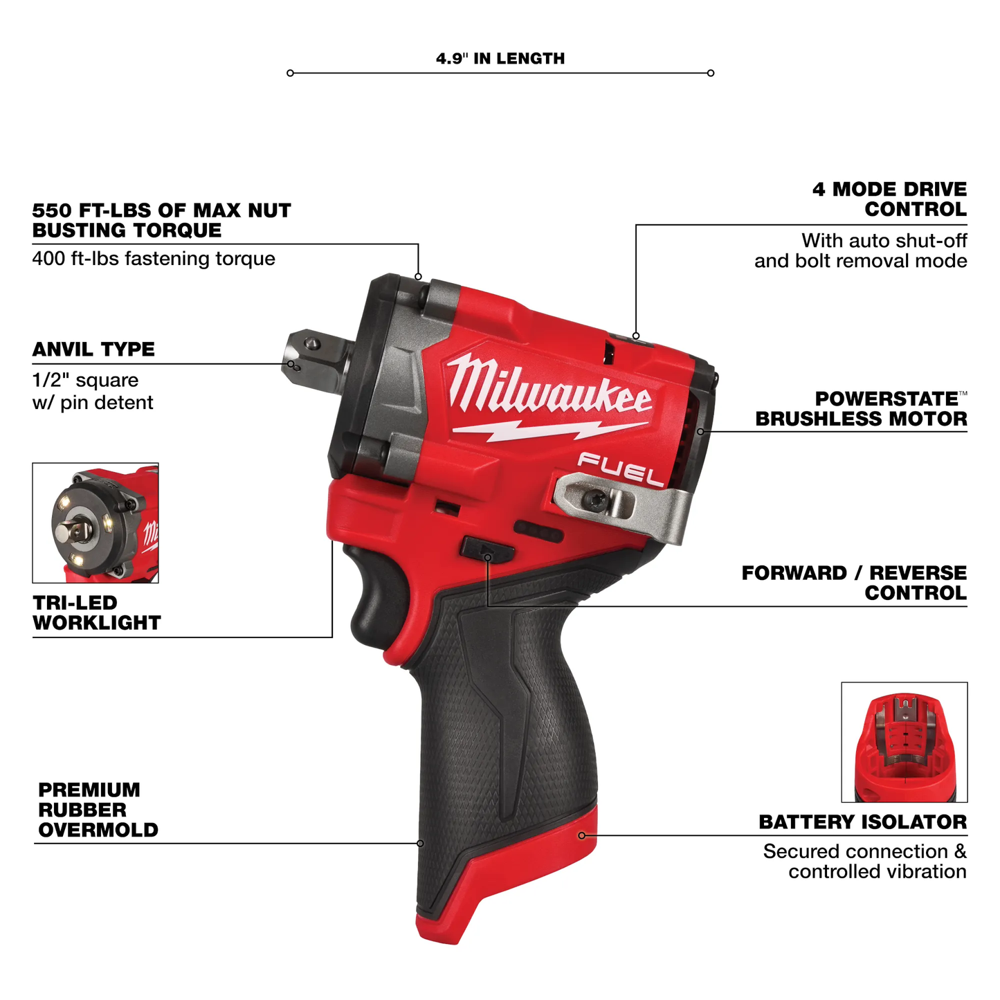 Milwaukee 2563P-20, M12 FUEL™ Stubby 1/2" Impact Wrench w/ Pin Detent