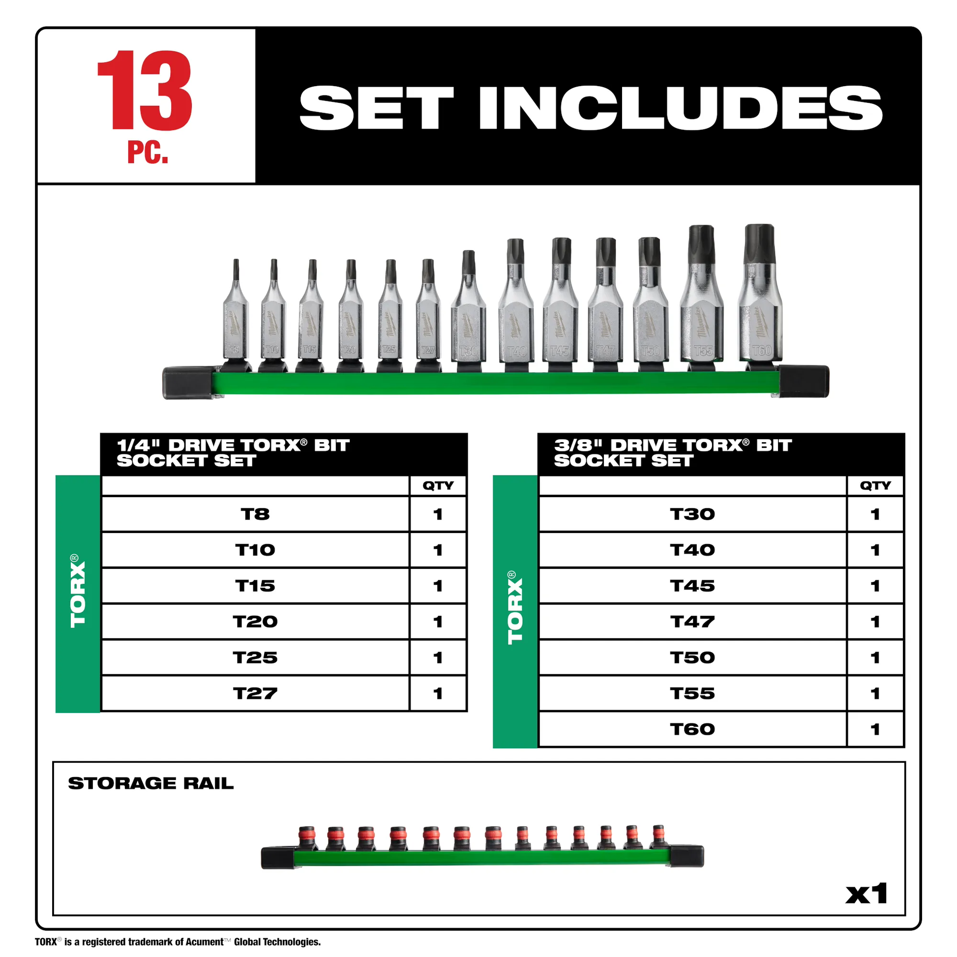 Milwaukee 48-22-9532, 13pc 1/4" and 3/8" Drive TORX® Bit Socket Set