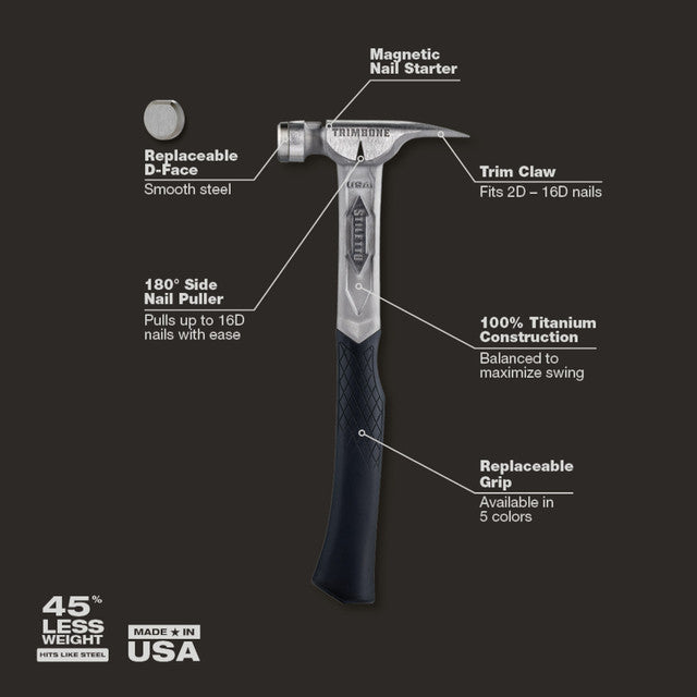Stiletto TRMB, TRIMBONE Curved Handle Smooth Face Titanium Finish Hammer