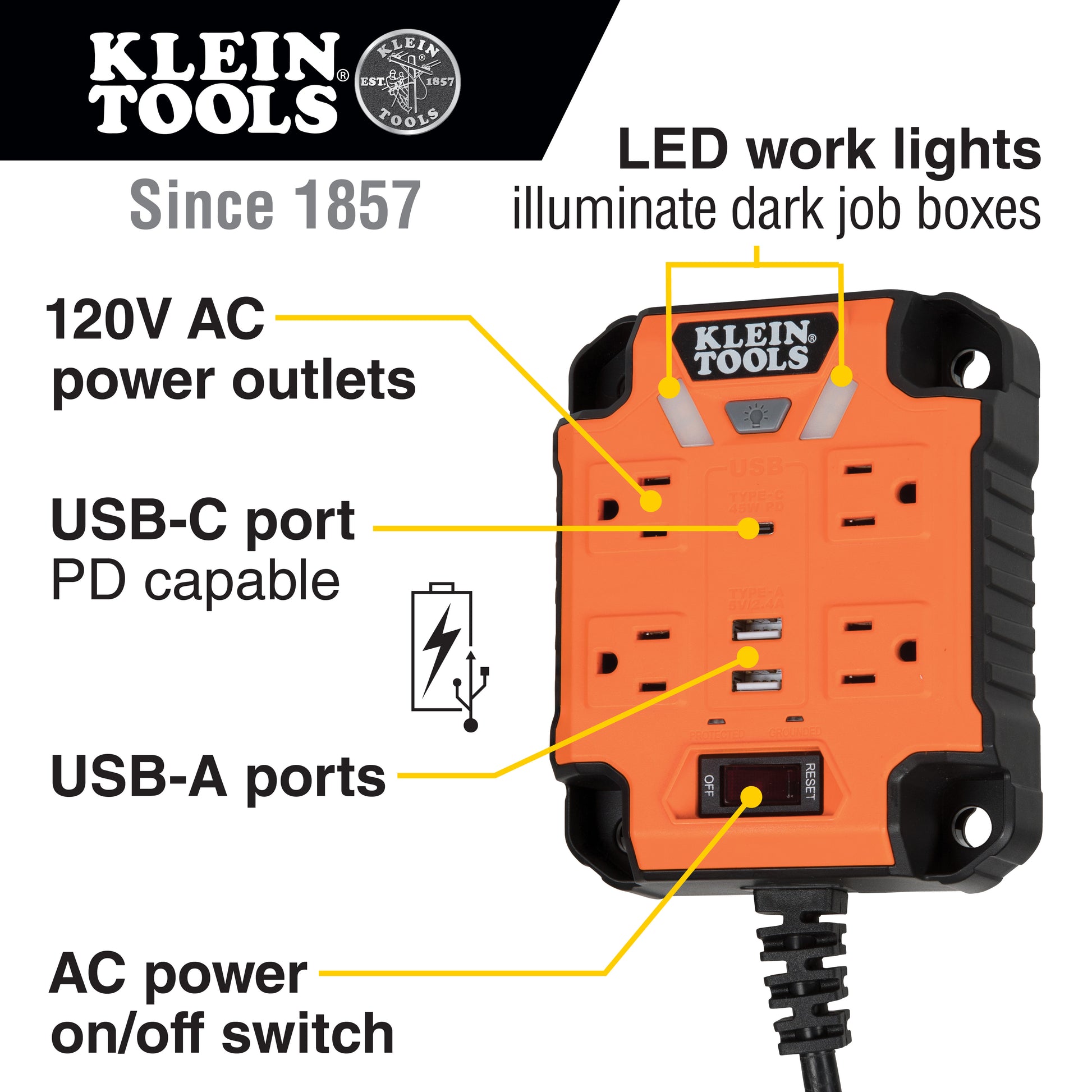 Klein Tools 29601, PowerBox 1, Magnetic Mounted Power Strip with Integrated LED Lights