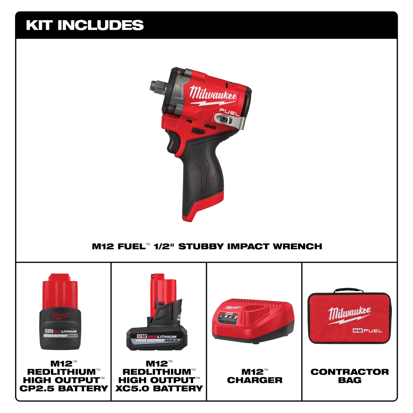 Milwaukee 2563-22, M12 FUEL™ Stubby 1/2" Impact Wrench Kit