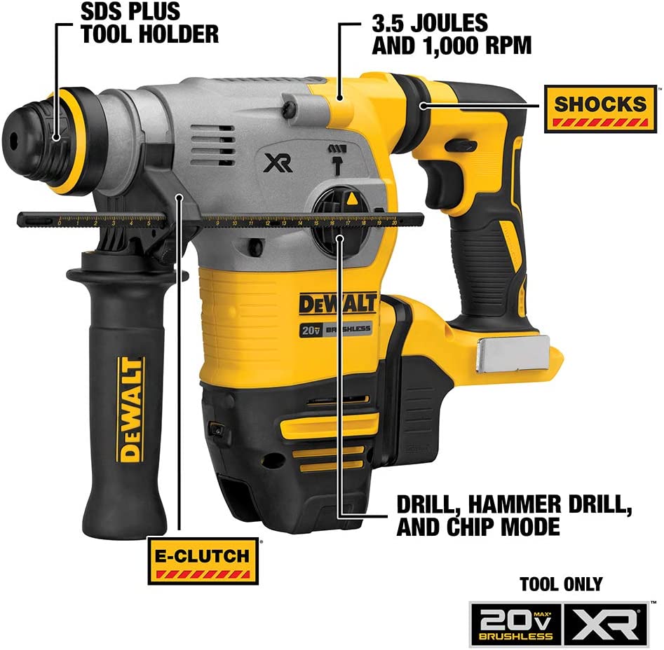 DEWALT DCH293B, 20V MAX XR Brushless 1-1/8'' L-Shape SDS Plus Rotary Hammer (Tool Only)