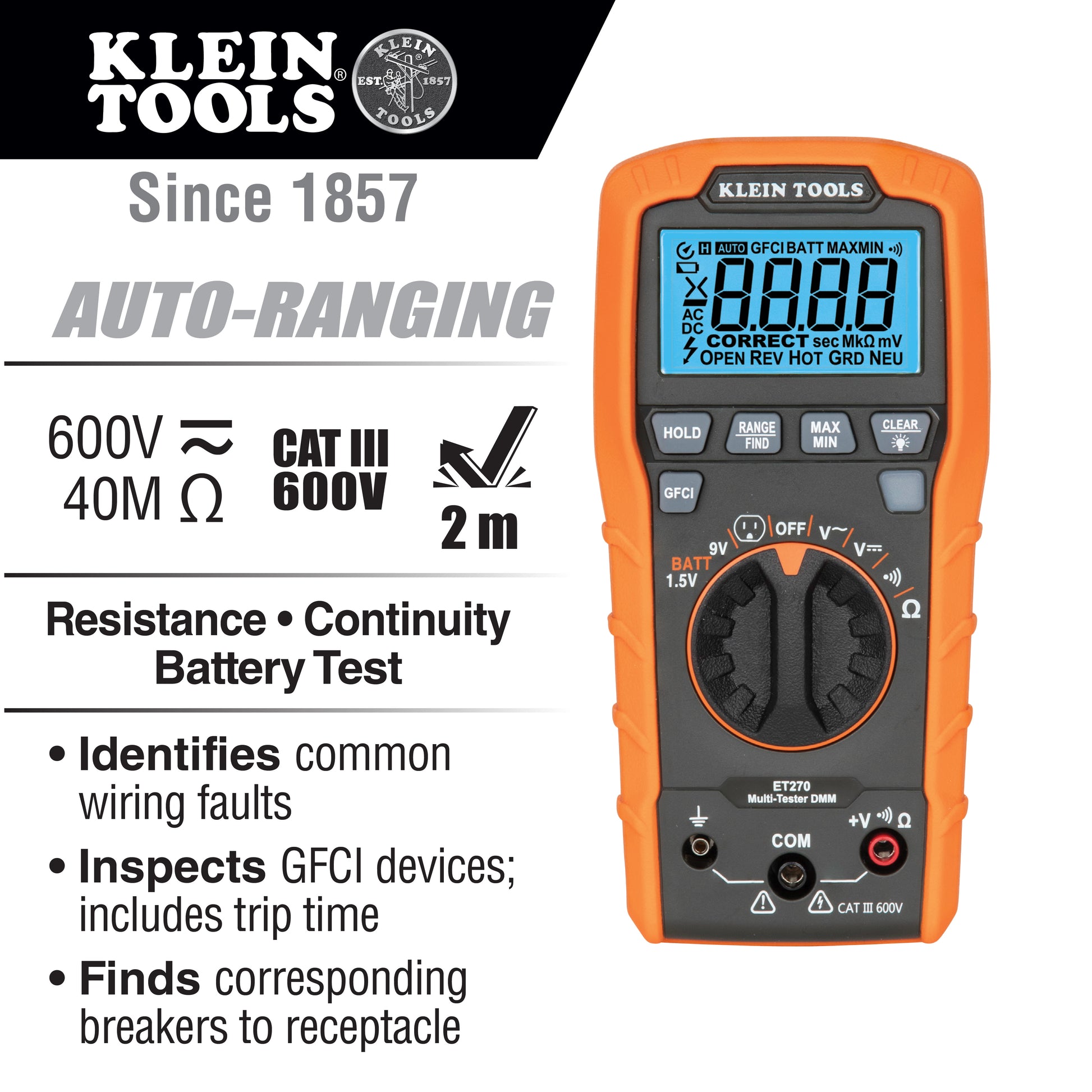 Klein Tools ET270, Digital Multi-Tester, Multimeter with Receptacle Tester