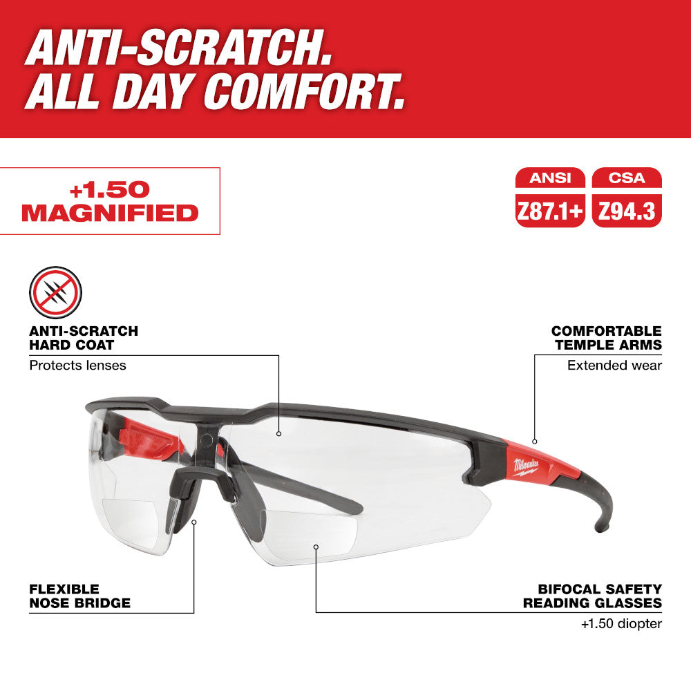 Milwaukee 48-73-2202, Safety Glasses - +1.50 Magnified Clear Anti-Scratch Lenses