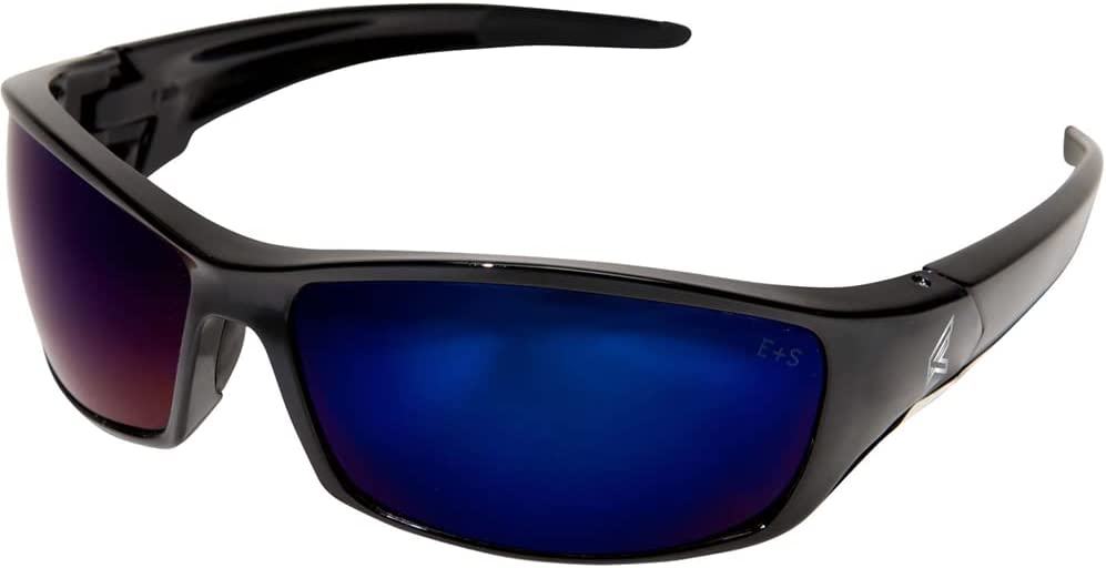 Edge Eyewear SR118,  Reclus Wrap-Around Safety Glasses, Anti-Scratch, Non-Slip, UV 400, Military Grade, ANSI/ISEA & MCEPS Compliant, 5.04" Wide, Black Frame/Blue Mirror Lens, One Size