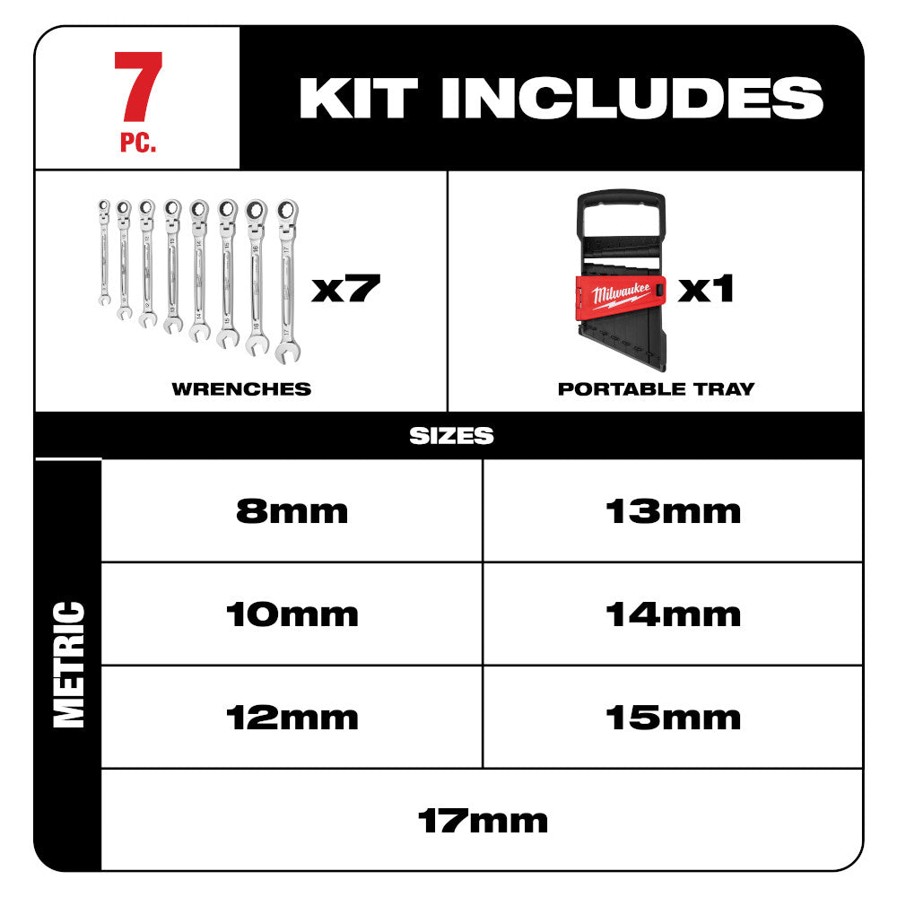 Milwaukee 48-22-9529, Flex Head Ratcheting Wrench Set - Metric - 7 Piece