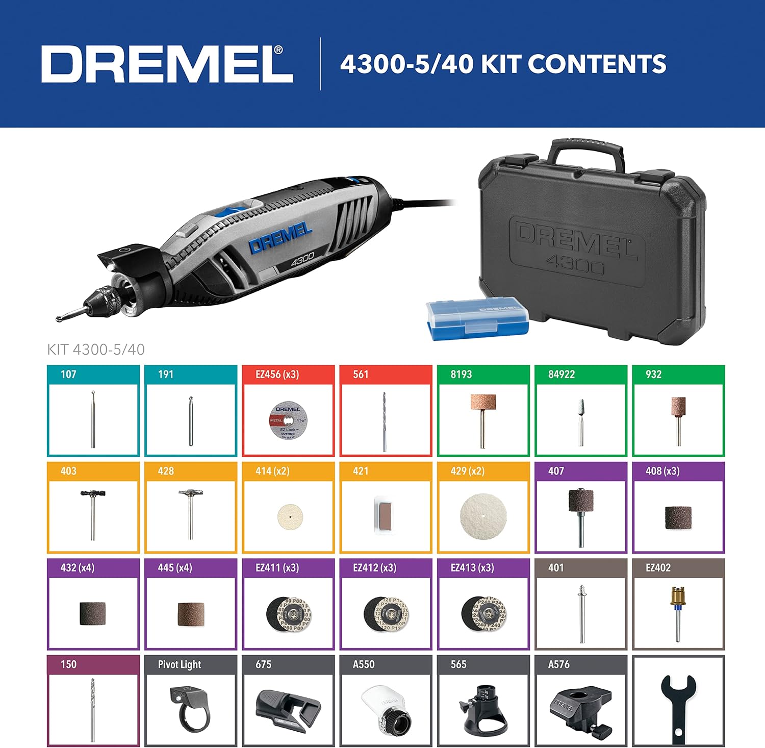 DREMEL 4300-5/40, High Performance Rotary Tool Kit with LED Light (5 Attachments, 40 Accessories)