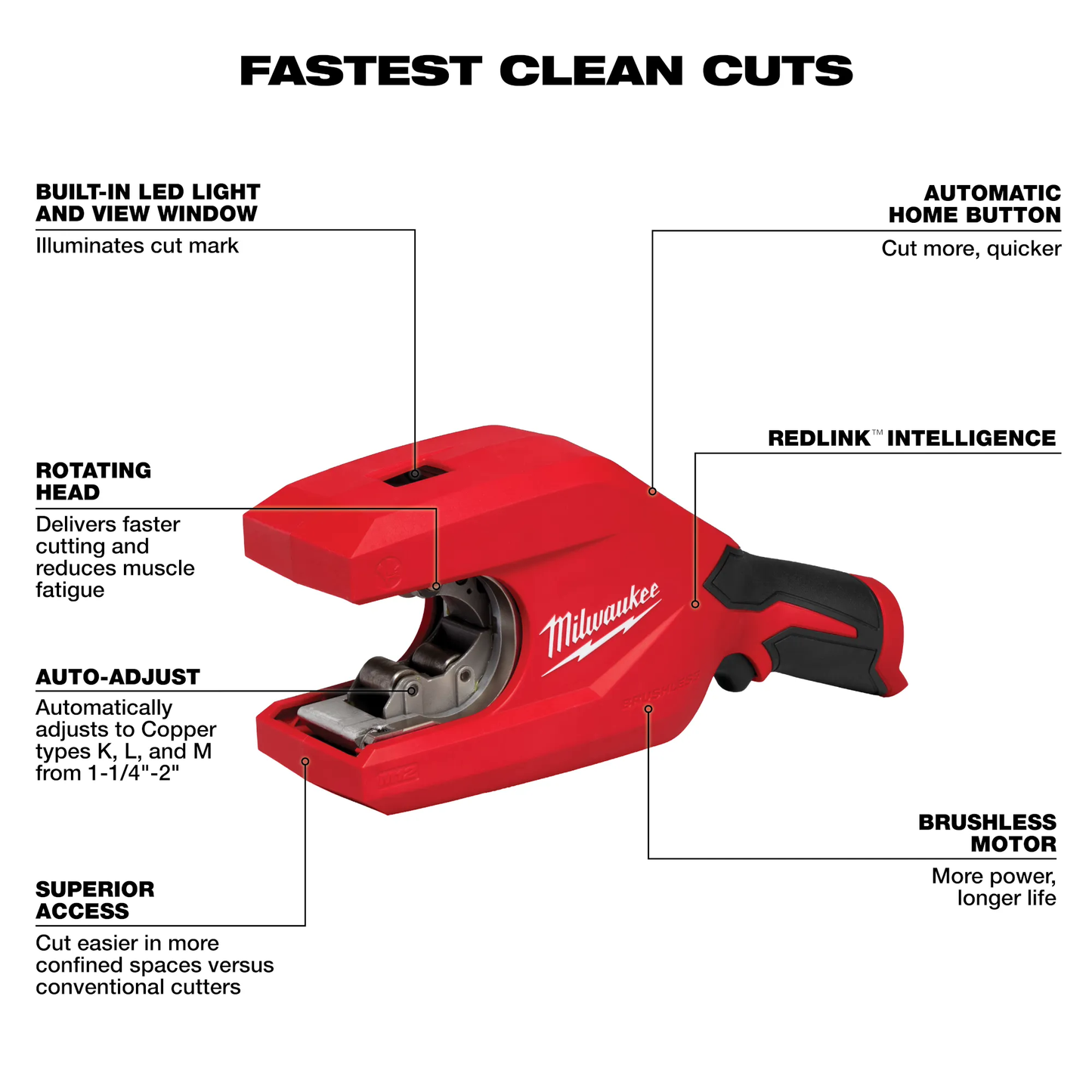 Milwaukee 2479-20, M12™ Brushless 1-1/4" - 2" Copper Tubing Cutter