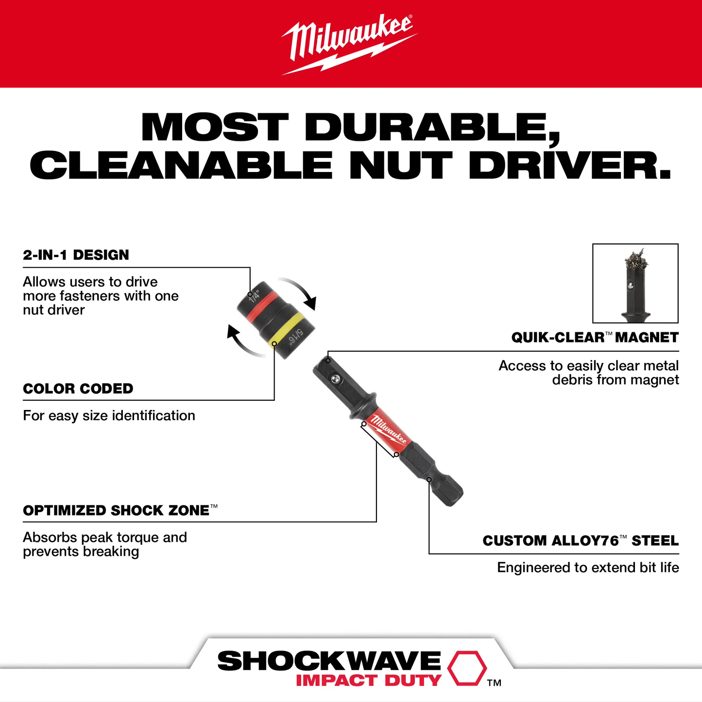 Milwaukee 49-66-4542, SHOCKWAVE Impact Duty™ 1/4” and 5/16” x 2-1/4” QUIK-CLEAR™ 2-in-1 Magnetic Nut Driver