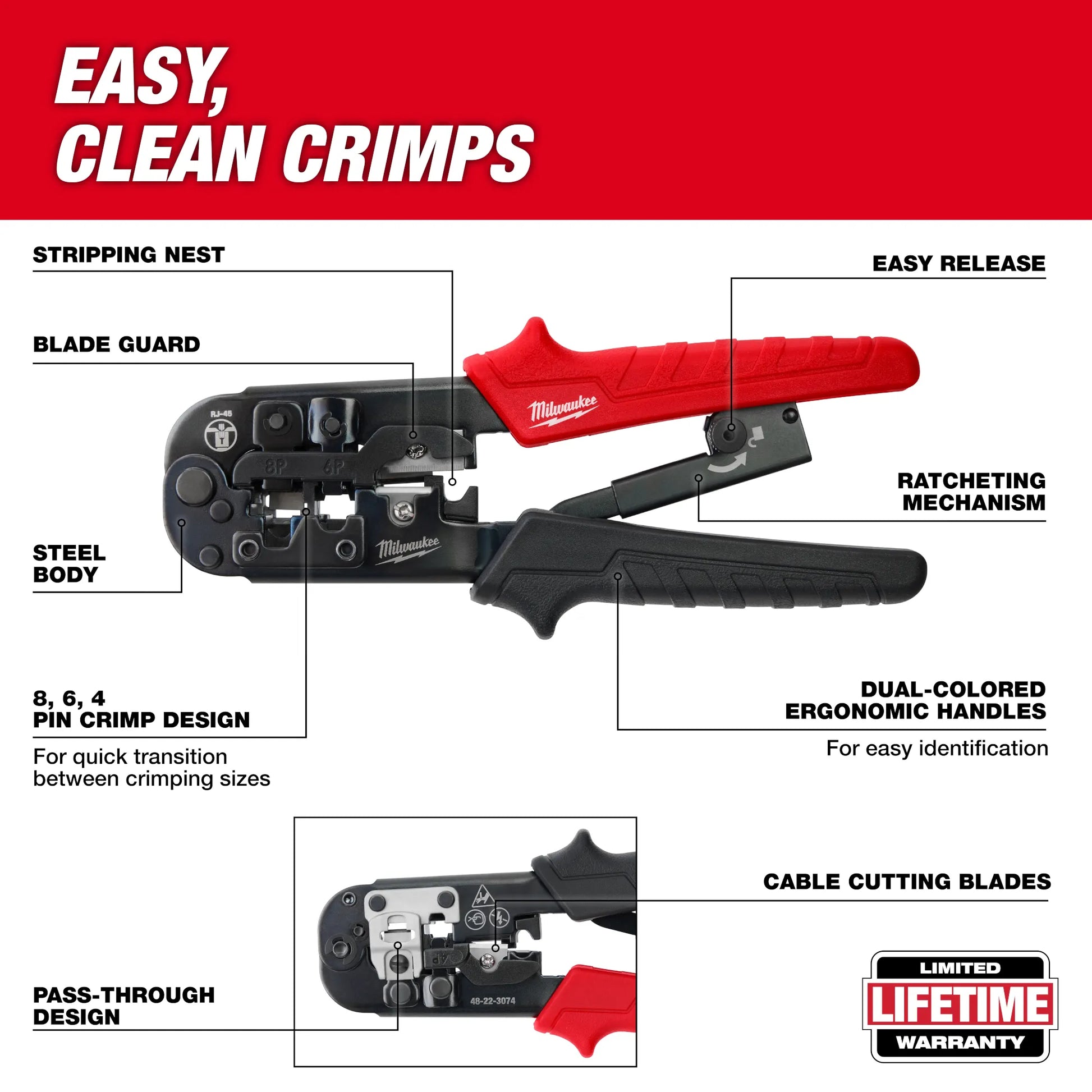 Milwaukee 48-22-3074, Ratcheting Pass-Through Crimper & Stripper