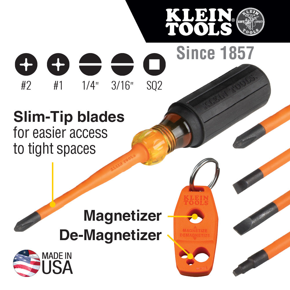 Klein Tools 33736INS, Screwdriver Set, 1000V Slim-Tip Insulated and Magnetizer, 6-Piece