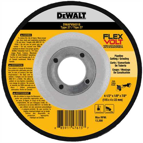 DEWALT DWAFV84518, 4-1/2'' x 1/8'' x 7/8'' T27 Flexvolt Cutting and Grinding Wheel