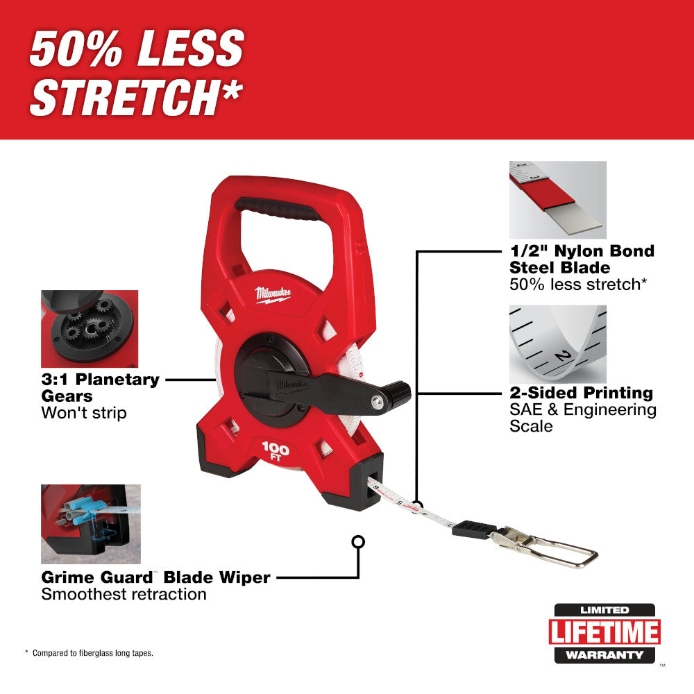 Milwaukee 48-22-5201, 100' Steel Open Reel Long Tape