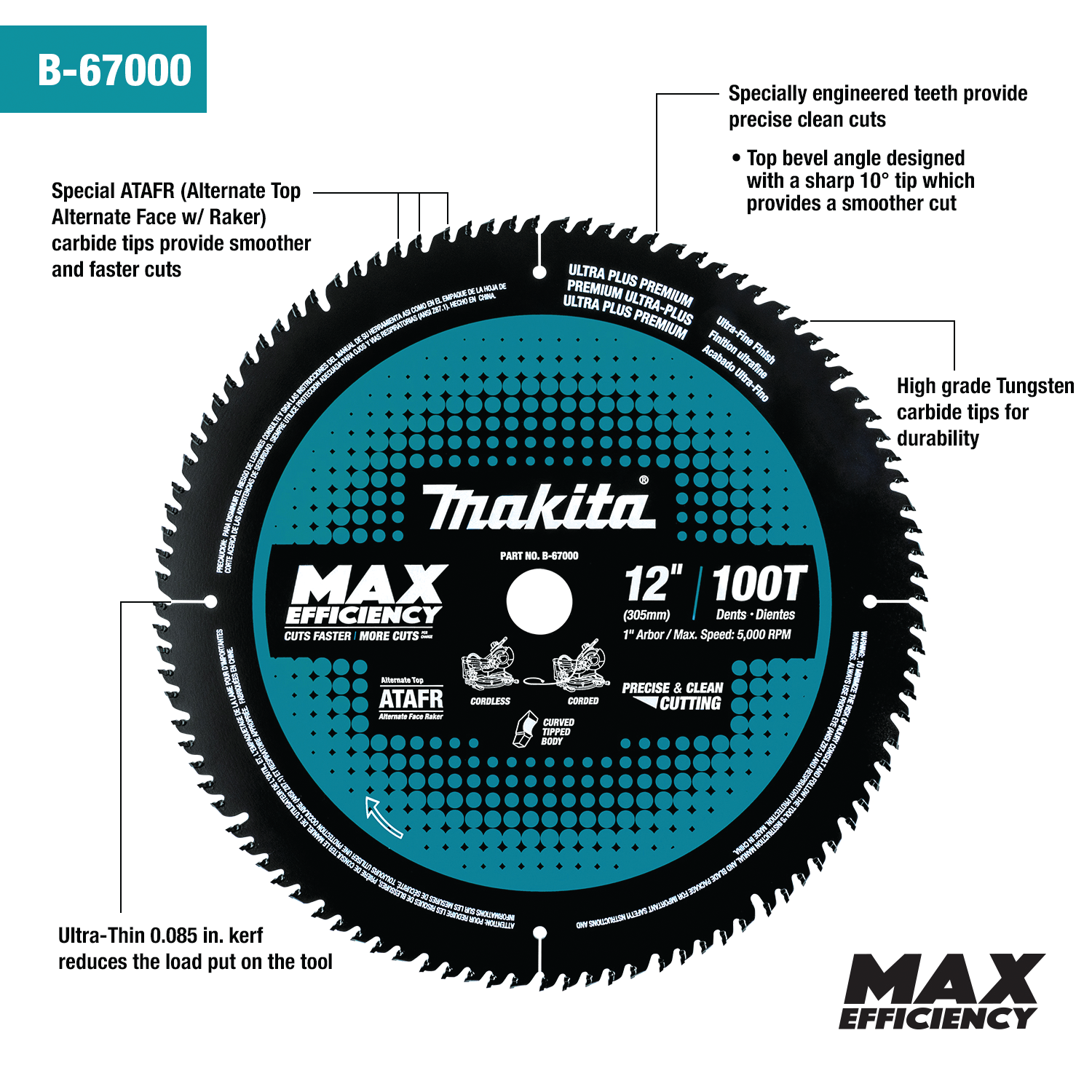 Makita B-67000, 12 Inch 100T Carbide-Tipped Max Efficiency Miter Saw Blade