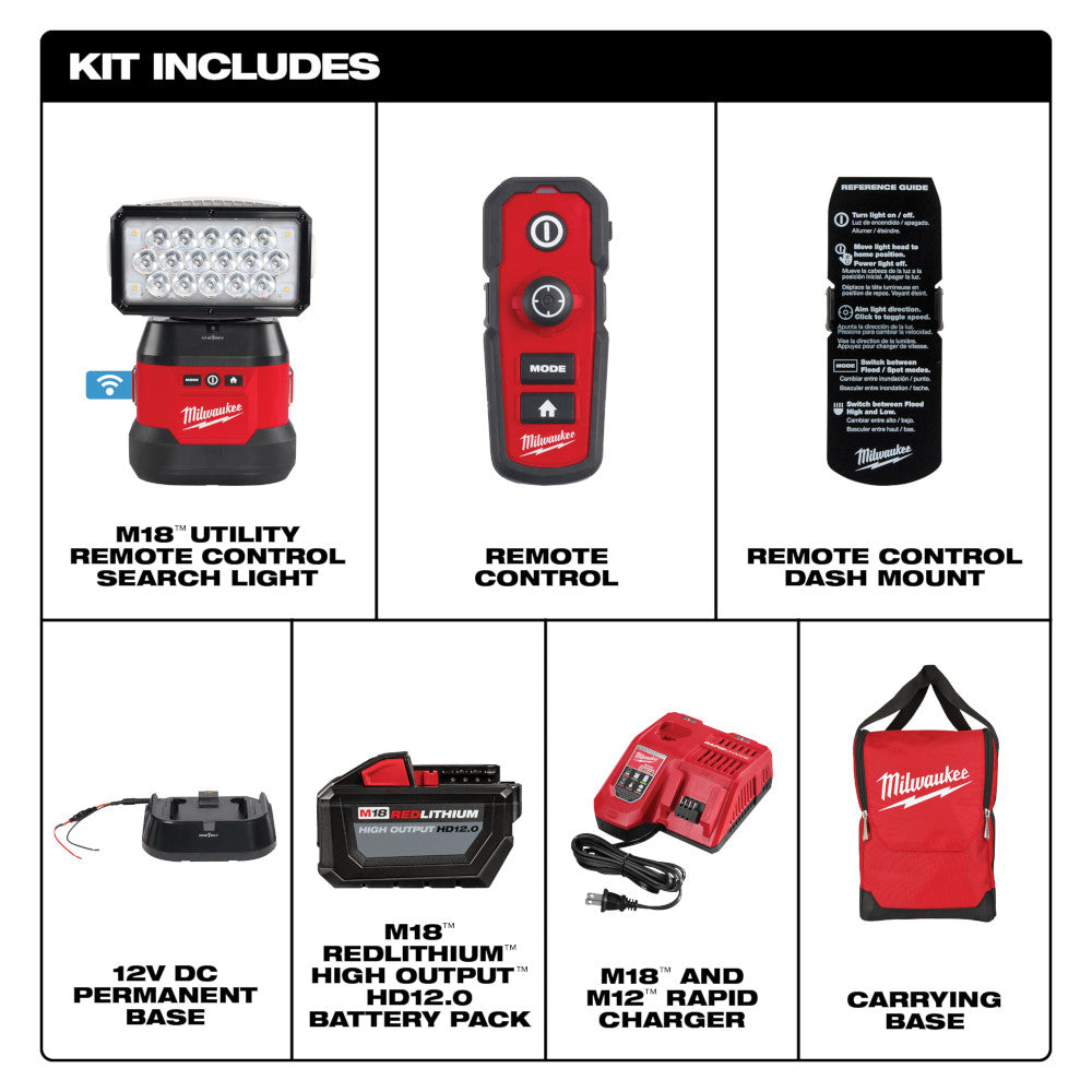 Milwaukee 2123-21HD, M18 Utility Remote Control Search Light 12.0Ah Kit w/ Portable Base