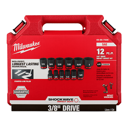 Milwaukee 49-66-7005, 3/8" Drive SHOCKWAVE Impact Duty SAE Standard 6 Point Socket Set - 12 Piece