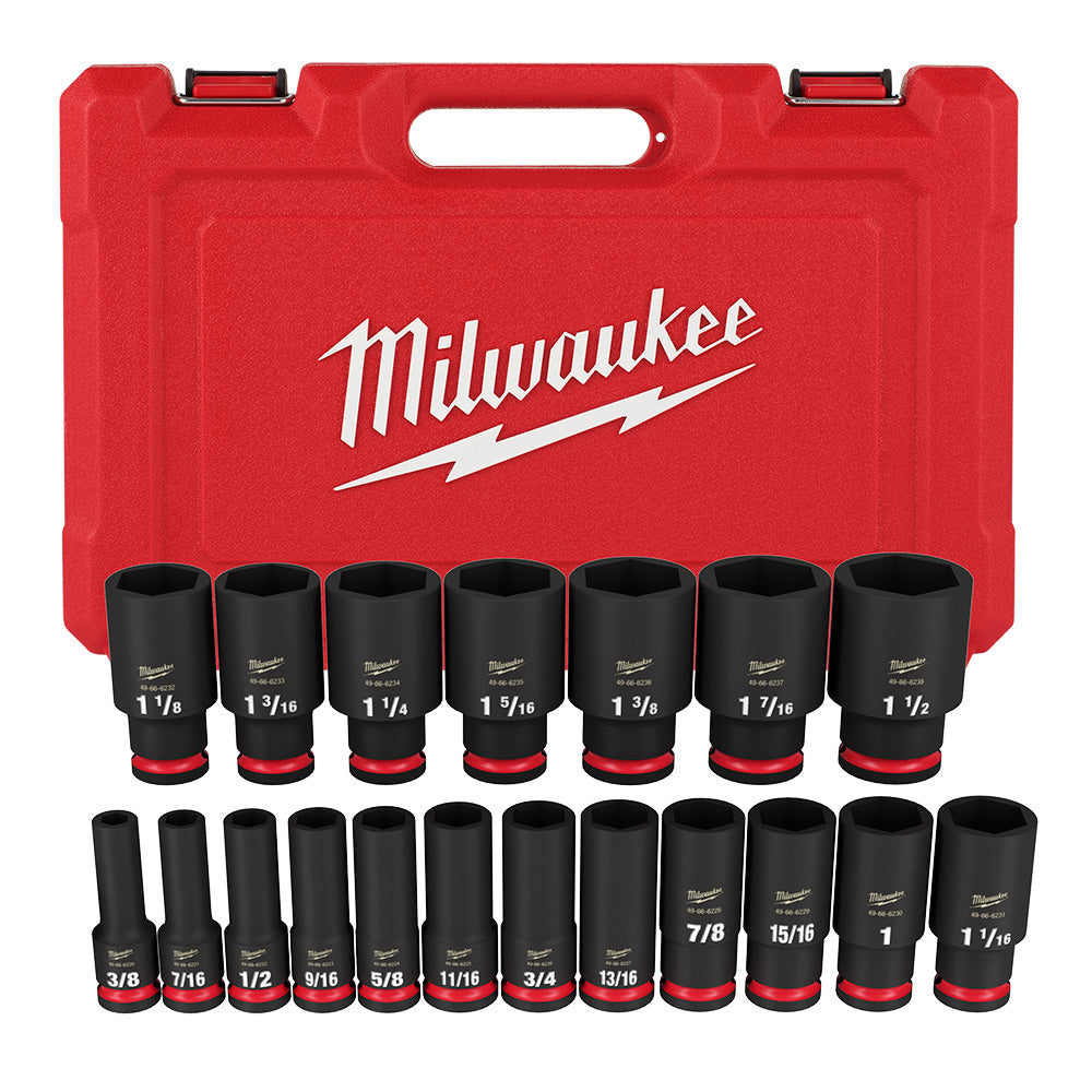 Milwaukee 49-66-7012, 1/2" Drive SHOCKWAVE Impact Duty SAE Deep 6 Point Socket Set - 19 Piece