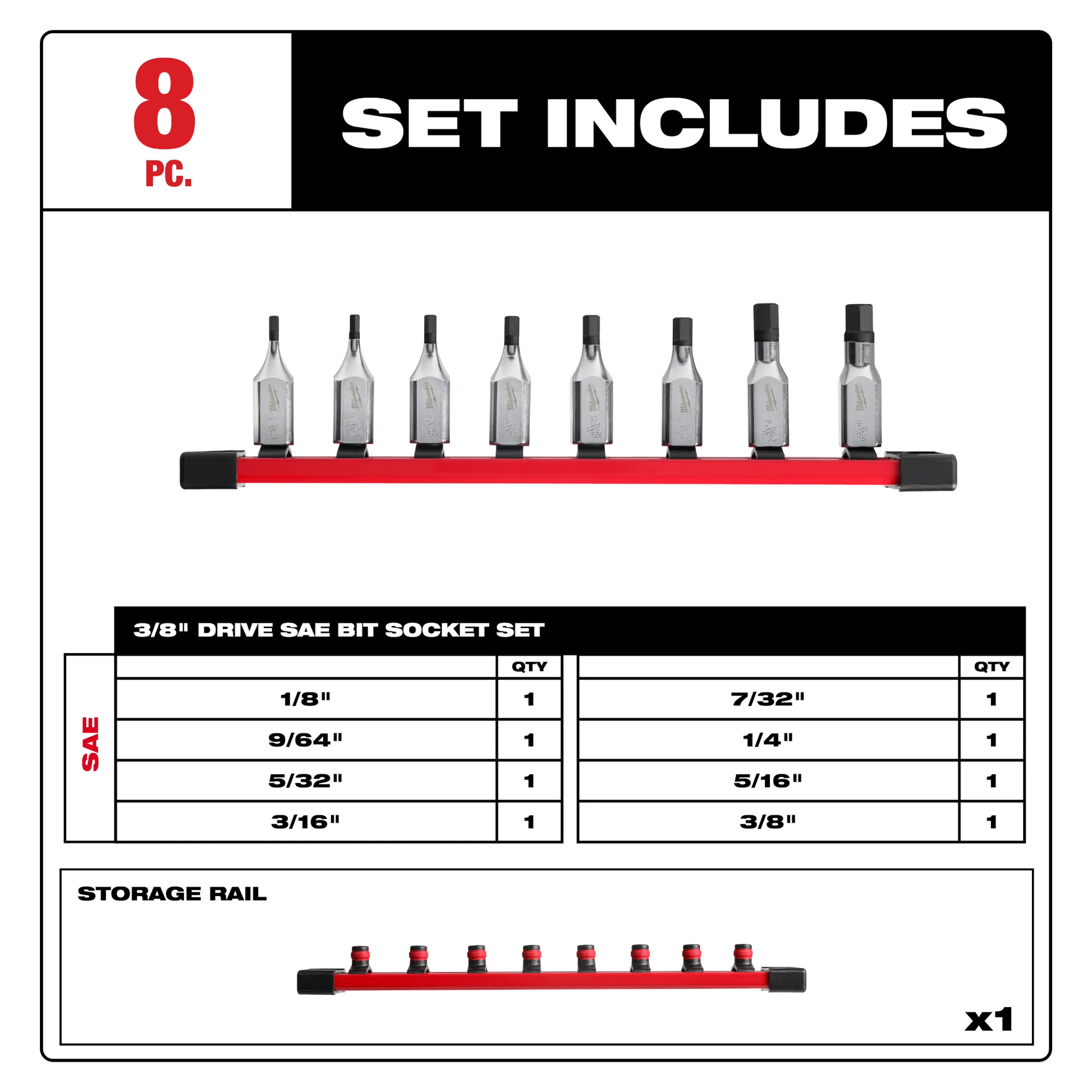 Milwaukee 48-22-9542, 8pc 3/8" Drive Hex Bit Socket Set - SAE