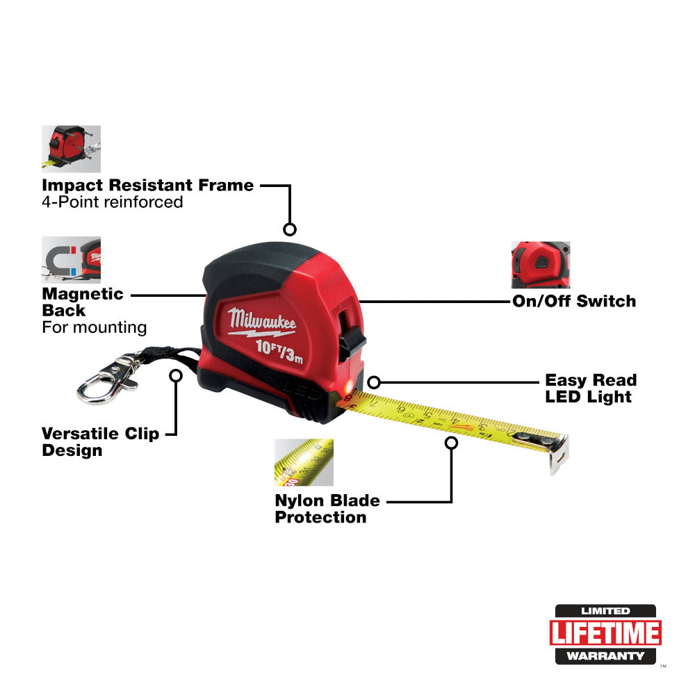 Milwaukee 48-22-6601, 10'/3m Keychain Tape Measure with LED