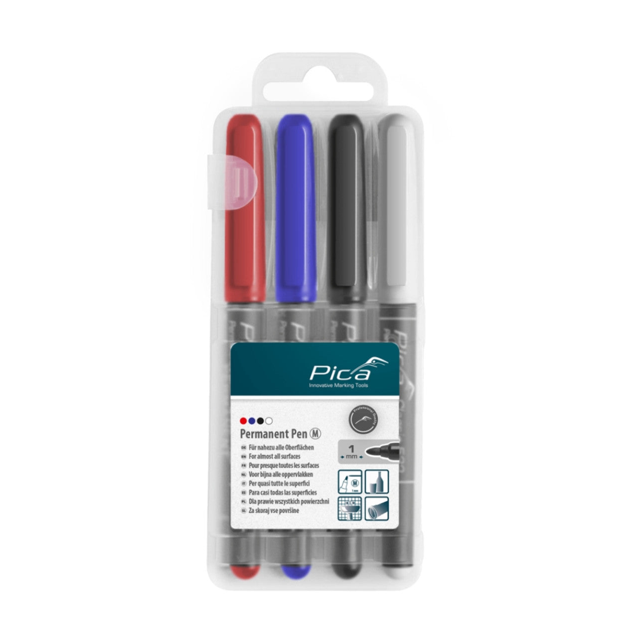 Pica 534/04, 4-Pack-Permanent Marker 1mm, Round tip, Red, Blue, Black and Instant White