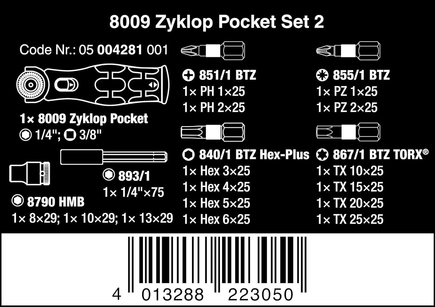 Wera 05004281001, 8009 ZYKLOP POCKET SET 2, 18 PIECES