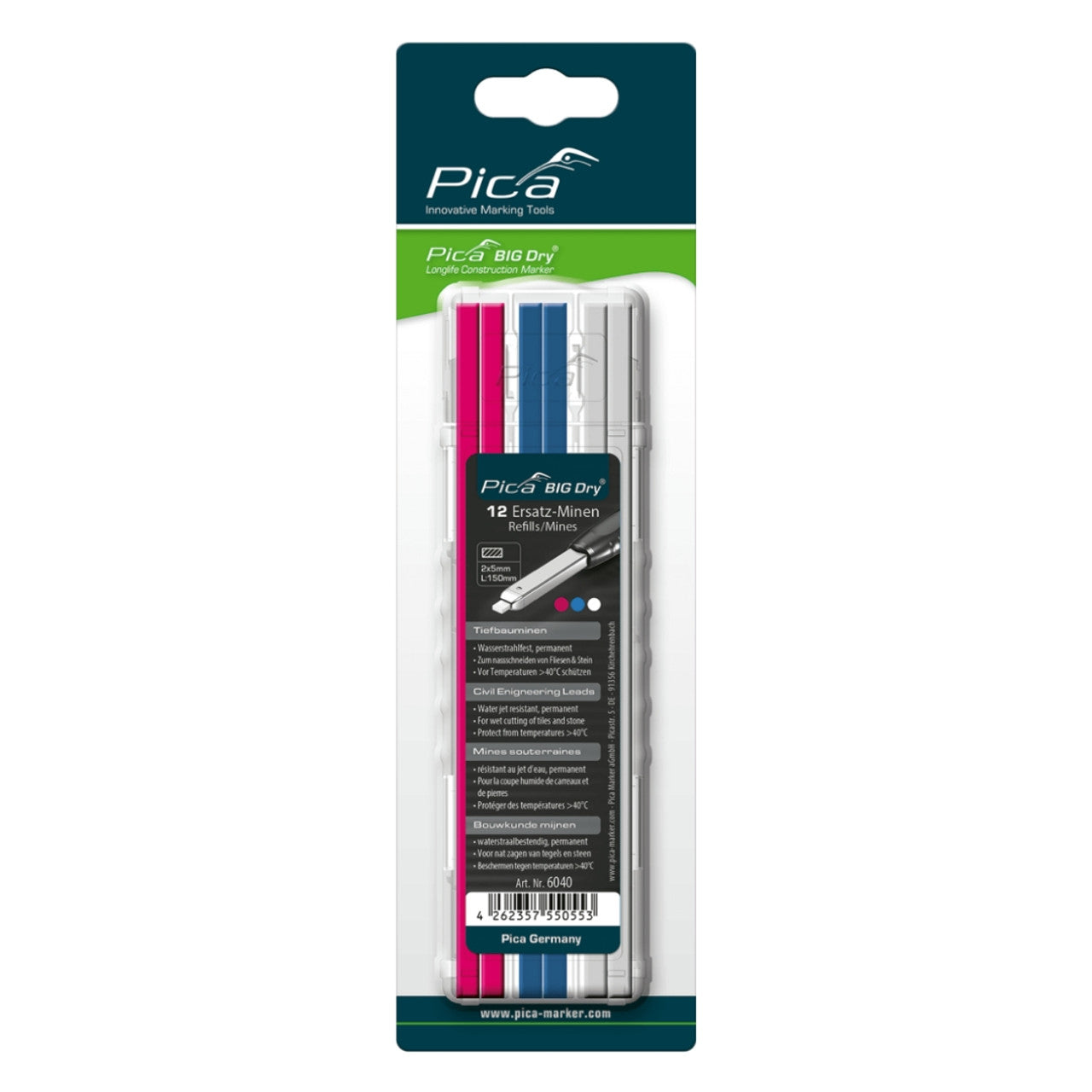 Pica 6040, Pica BIG-Dry Refill Set For Water Resistant and Dry Semi Permanent Markings. Red, Blue, White-12 Leads Total