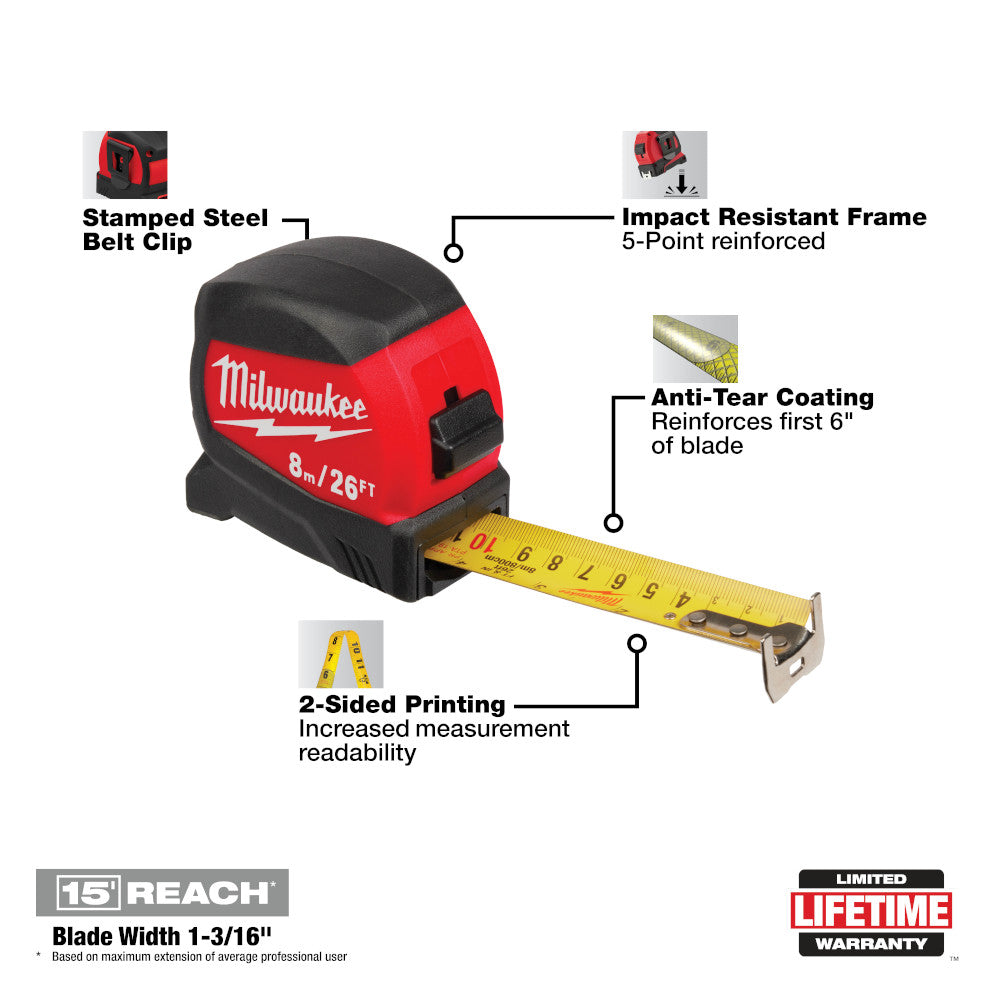 Milwaukee 48-22-0426, 8M/26FT Compact Wide Blade Tape Measure