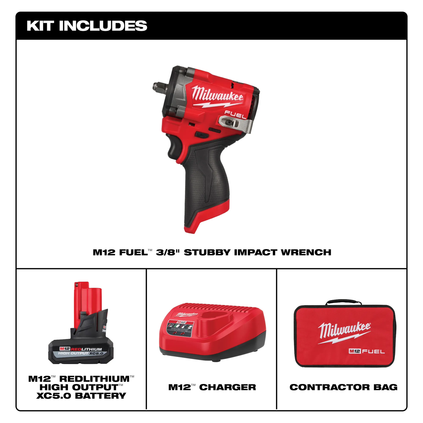 Milwaukee 2562-21, M12 FUEL™ Stubby 3/8" Impact Wrench Kit