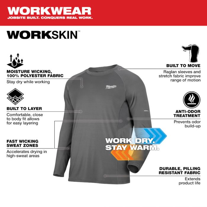 Milwaukee 402G-XL, Men's X-Large Gray WORKSKIN Midweight Performance Long Sleeve Base Layer Shirt (Discontinued)