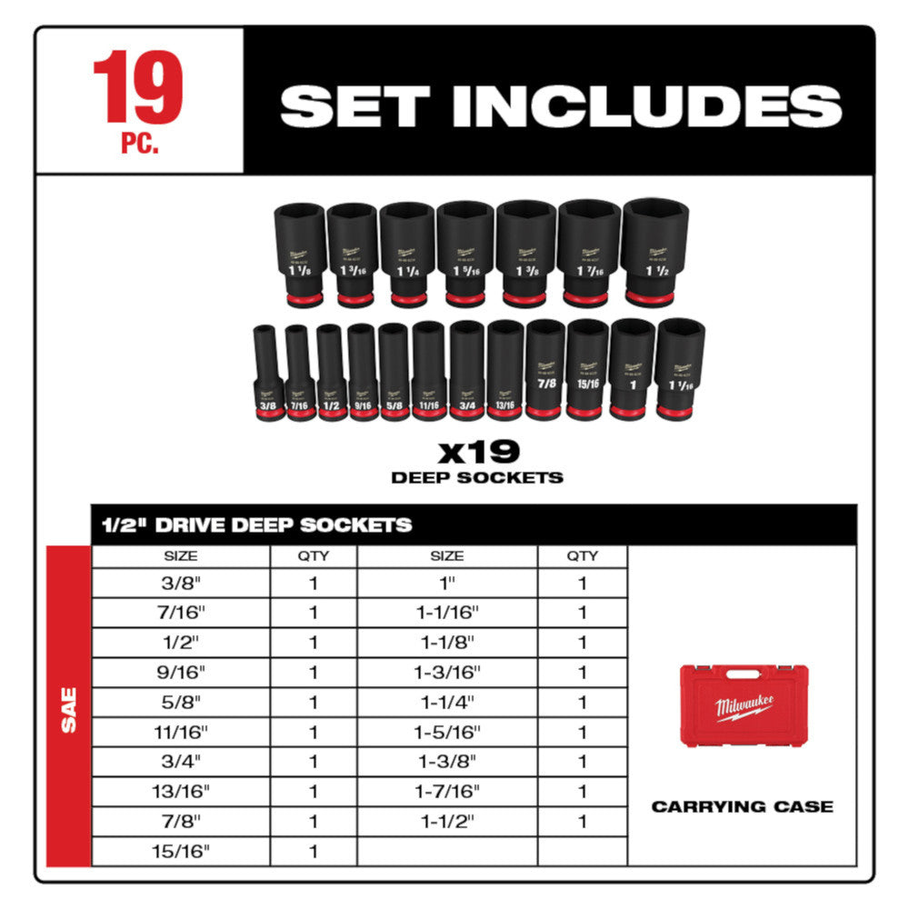 Milwaukee 49-66-7012, 1/2" Drive SHOCKWAVE Impact Duty SAE Deep 6 Point Socket Set - 19 Piece