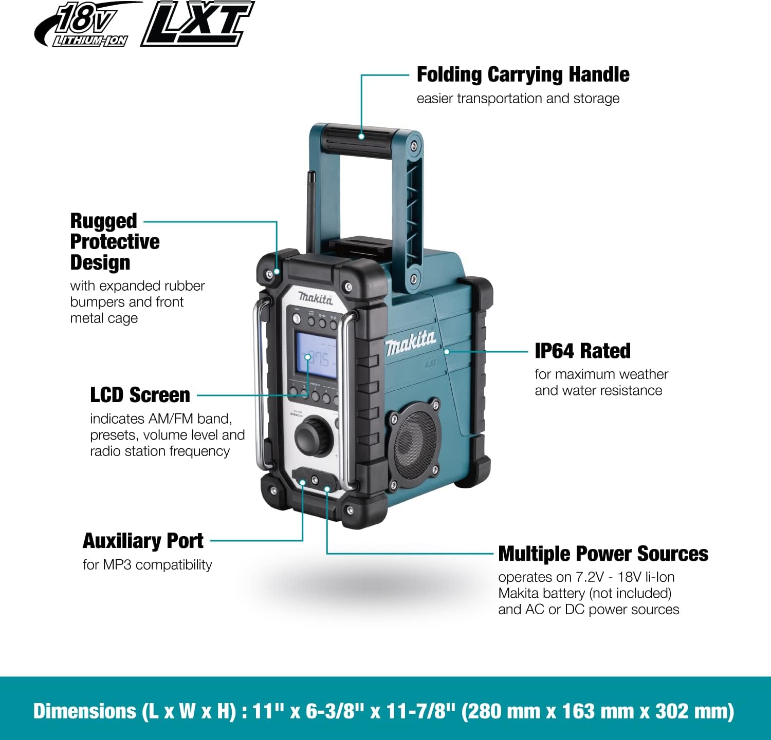 Makita DMR116, 18V LXT Cordless or Electric Jobsite Radio (Tool Only)