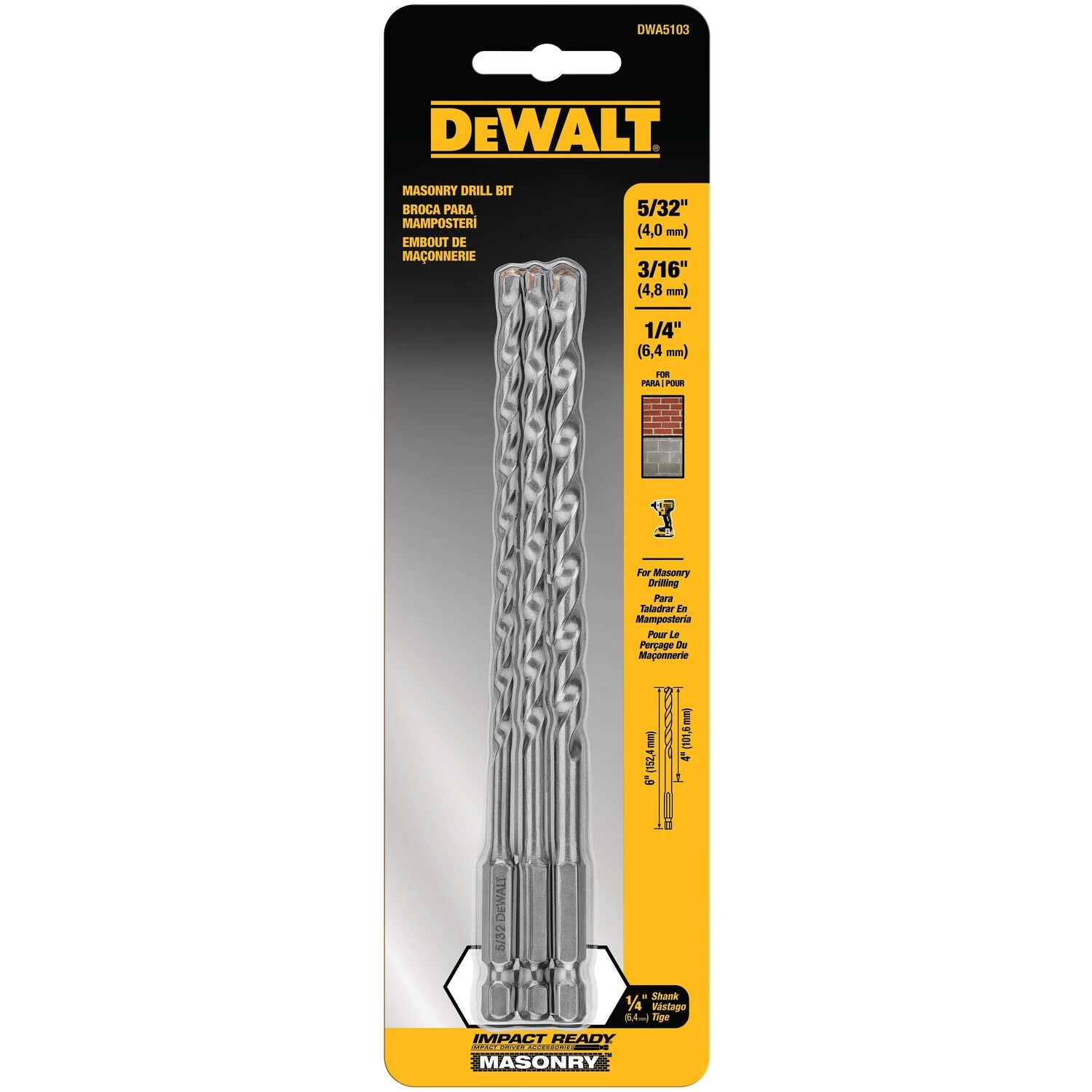 DEWALT DWA5103, 3 pc Impact Ready Masonry Bit Set