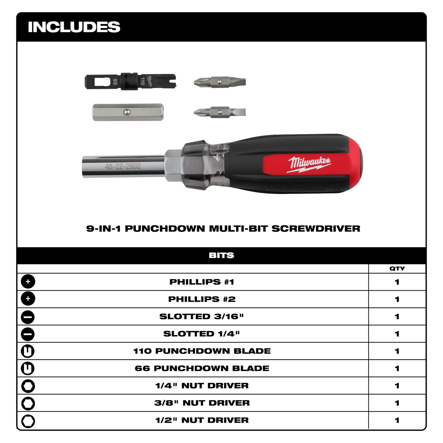 Milwaukee 48-22-2902, 9in1 Punchdown Multi-Bit Screwdriver