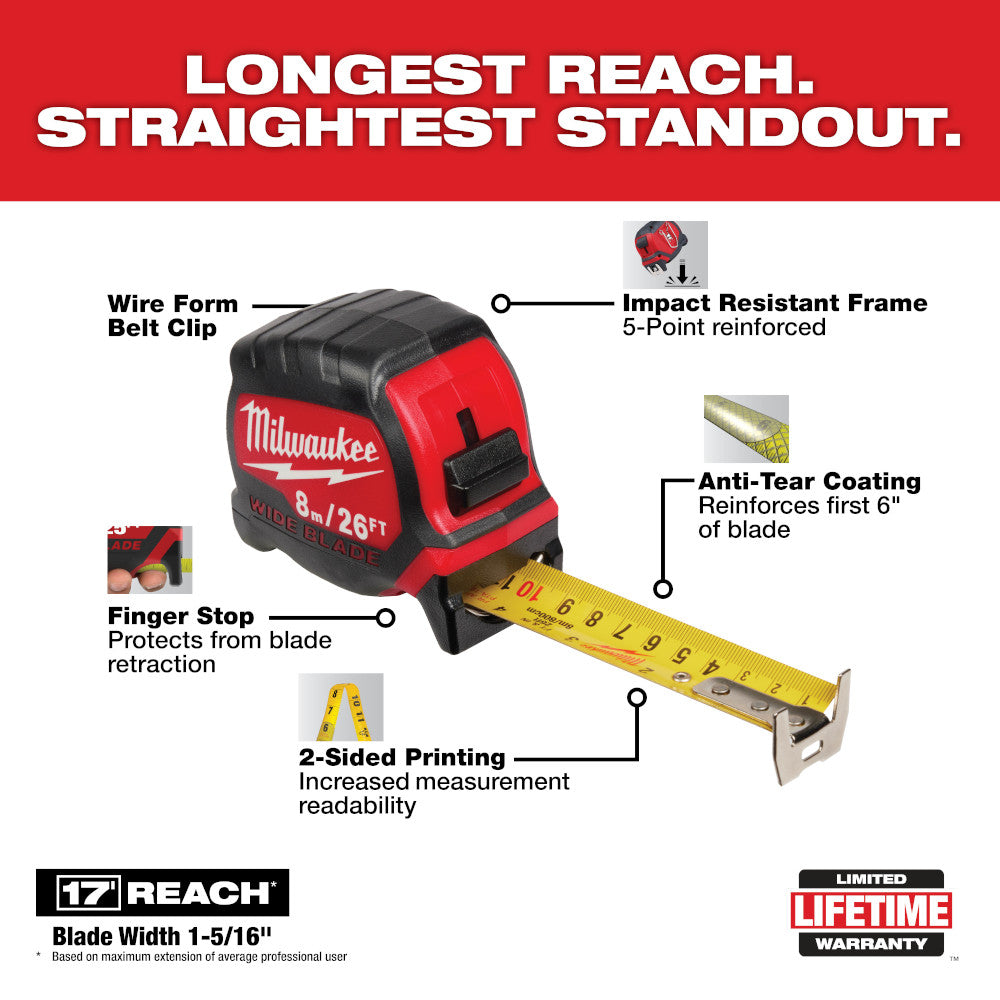 Milwaukee 48-22-0226 , 8m/26' Wide Blade Tape Measure