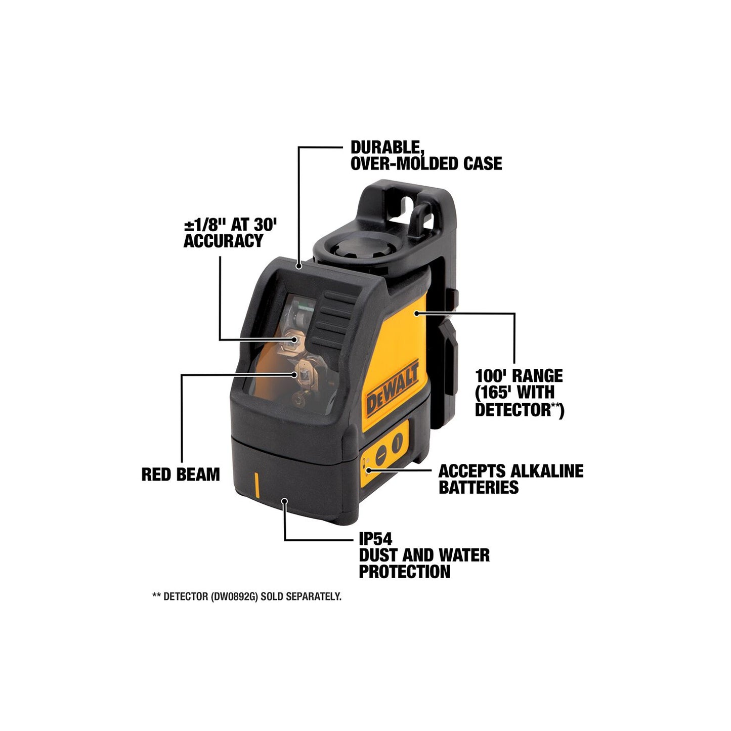 DEWALT DW088K, Line Laser, Self-Leveling, Cross Line, Red Beam