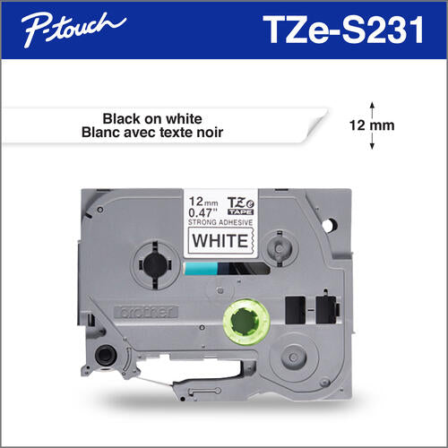 Brother TZES231, Laminated Strong Adhesive Industrial Tapes, 12MM-Black On White