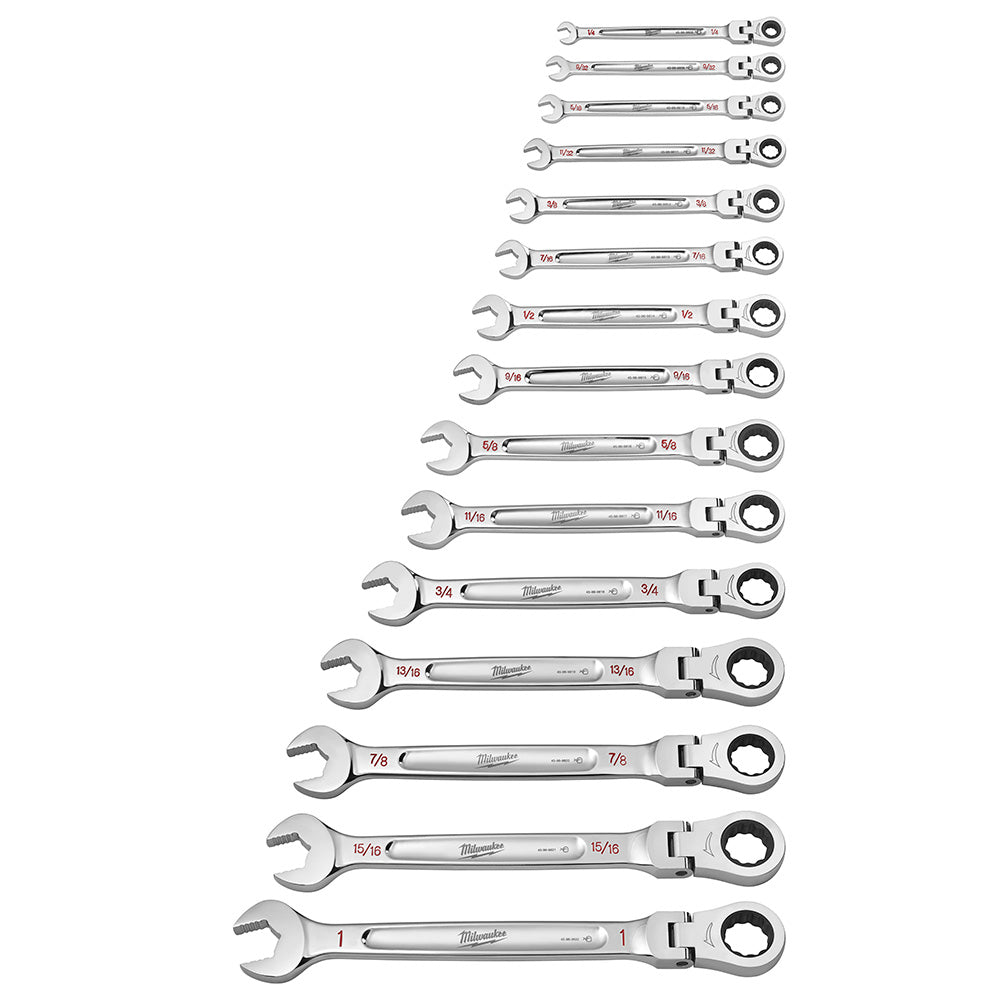 Milwaukee 48-22-9413, SAE Flex Head Ratcheting Combination Wrench Set 15-Piece