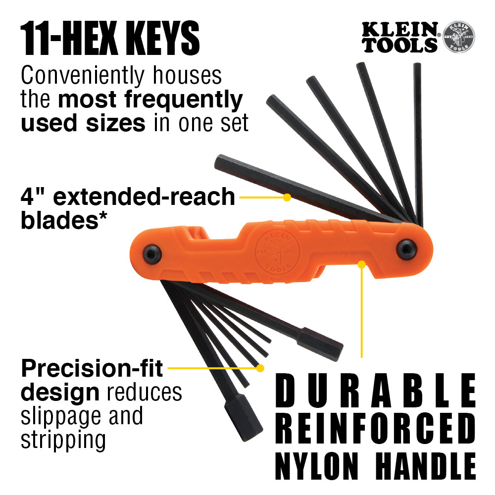 Klein Tools 70550, Pro Folding Hex Key Set, 11-Key, SAE Sizes