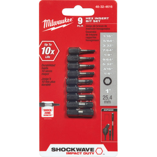 Milwaukee 48-32-4616, SHOCKWAVE 9PC 1" SAE HEX IMPACT BIT SET