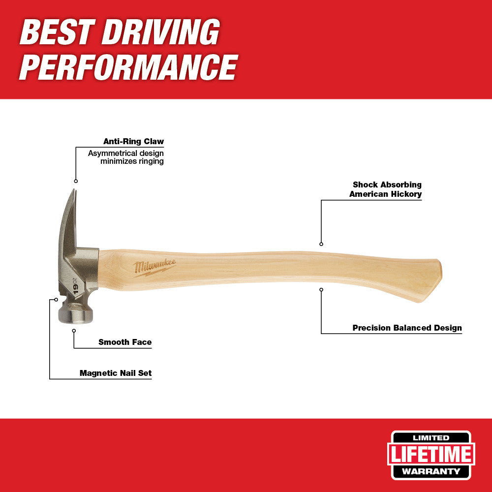 Milwaukee 48-22-9519, 19oz Smooth Face Hickory Handle Framing Hammer