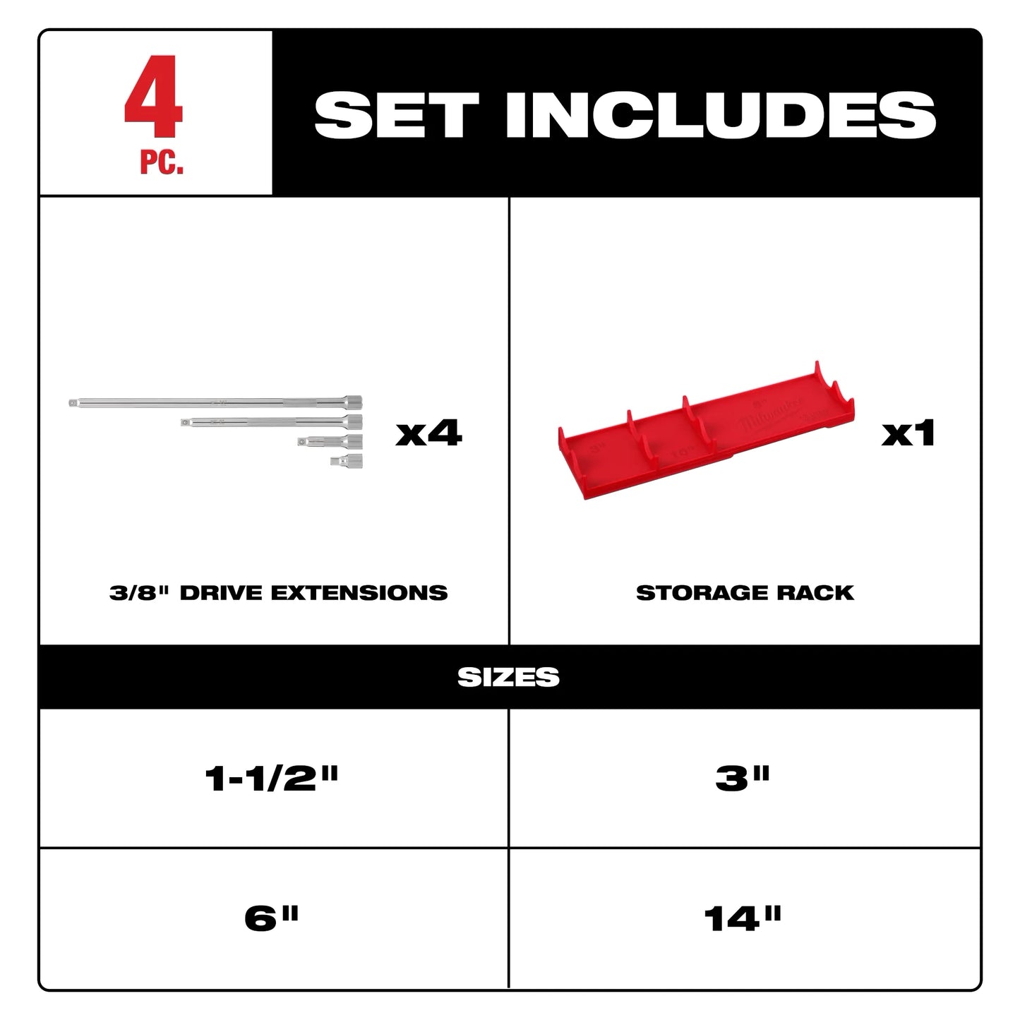 Milwaukee 48-22-9341, 4pc 3/8” Drive Socket Extension Set