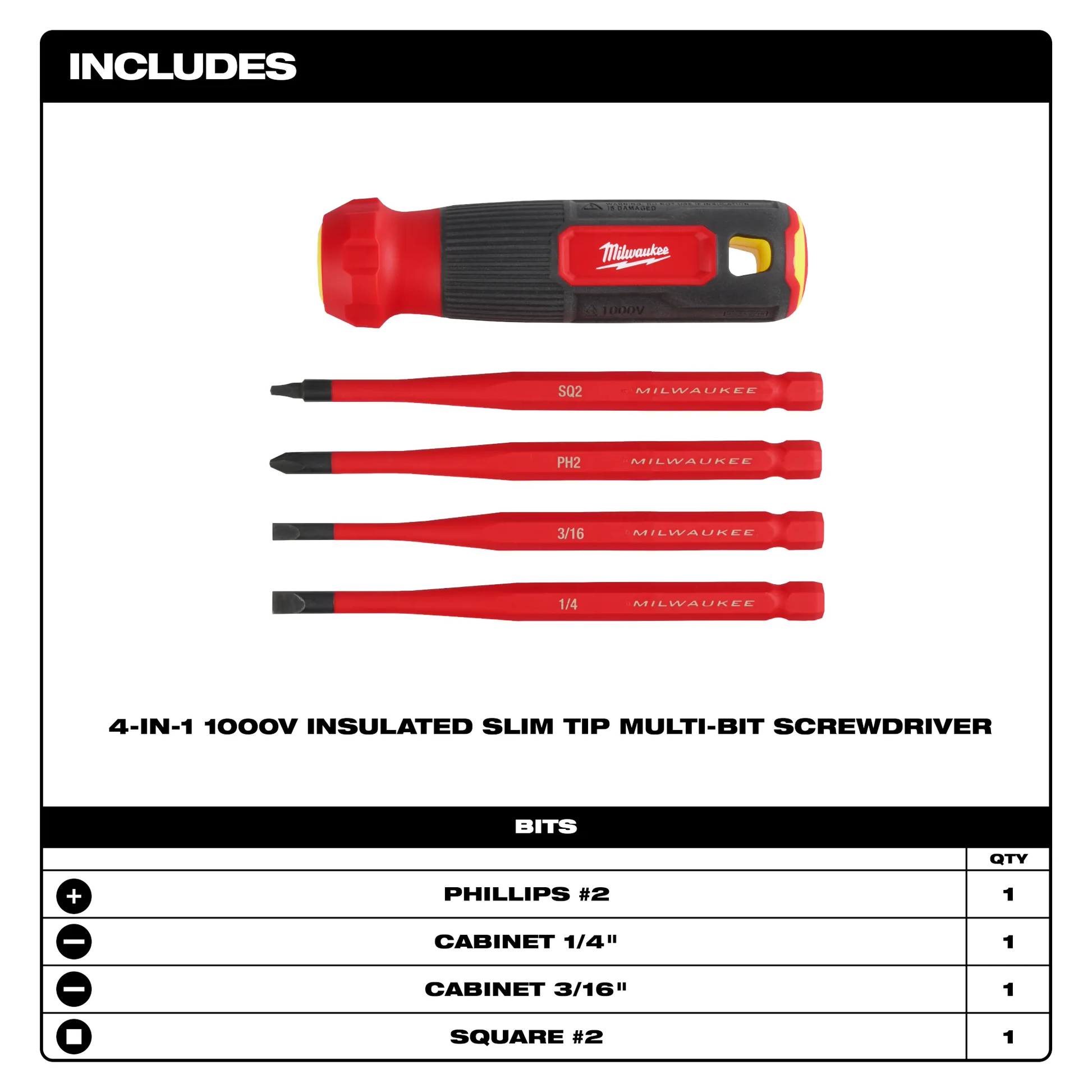Milwaukee 48-22-2216, 4-in-1 1000V Insulated Slim Tip Multi-Bit Screwdriver