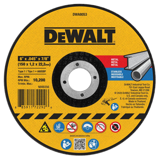 DEWALT DWA8053, 6''x0.045''x7/8'' TYPE 1 Cutting Wheel METAL