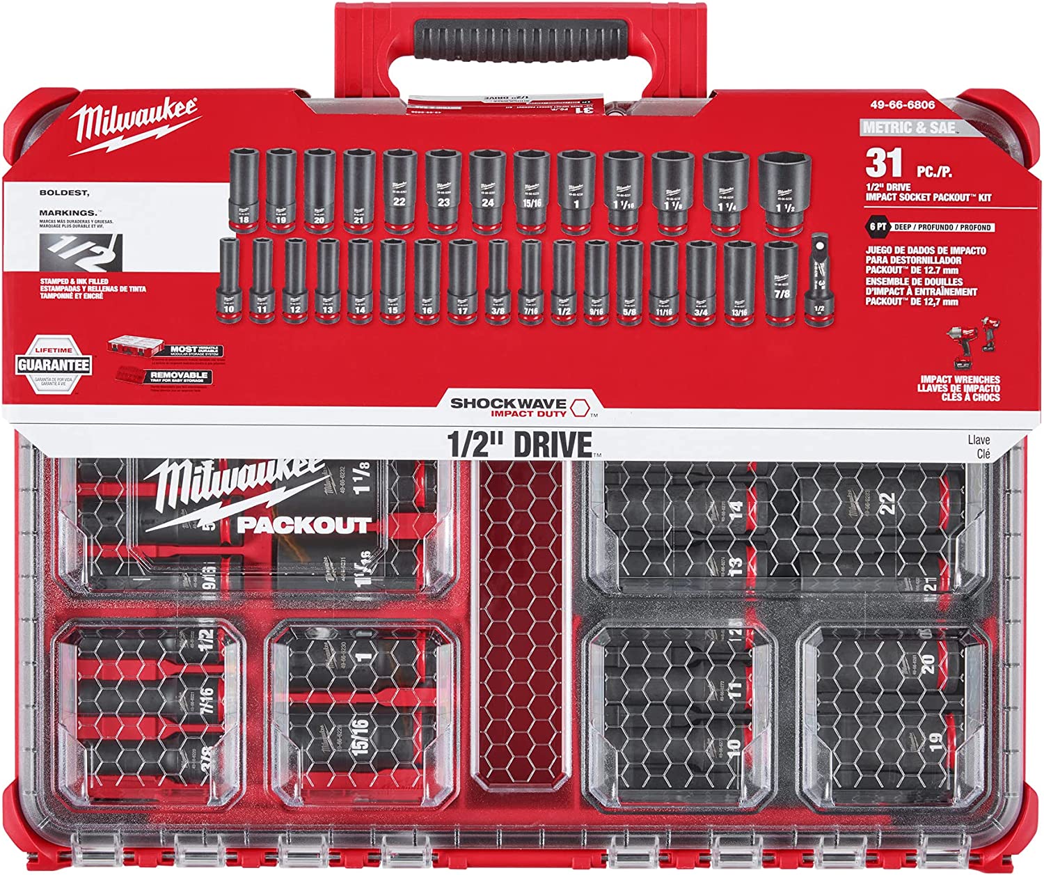 Milwaukee 49-66-6806, SHOCKWAVE Impact-Duty 1/2 in. Drive Metric and SAE Deep Well Impact PACKOUT Socket Set (31-Piece)