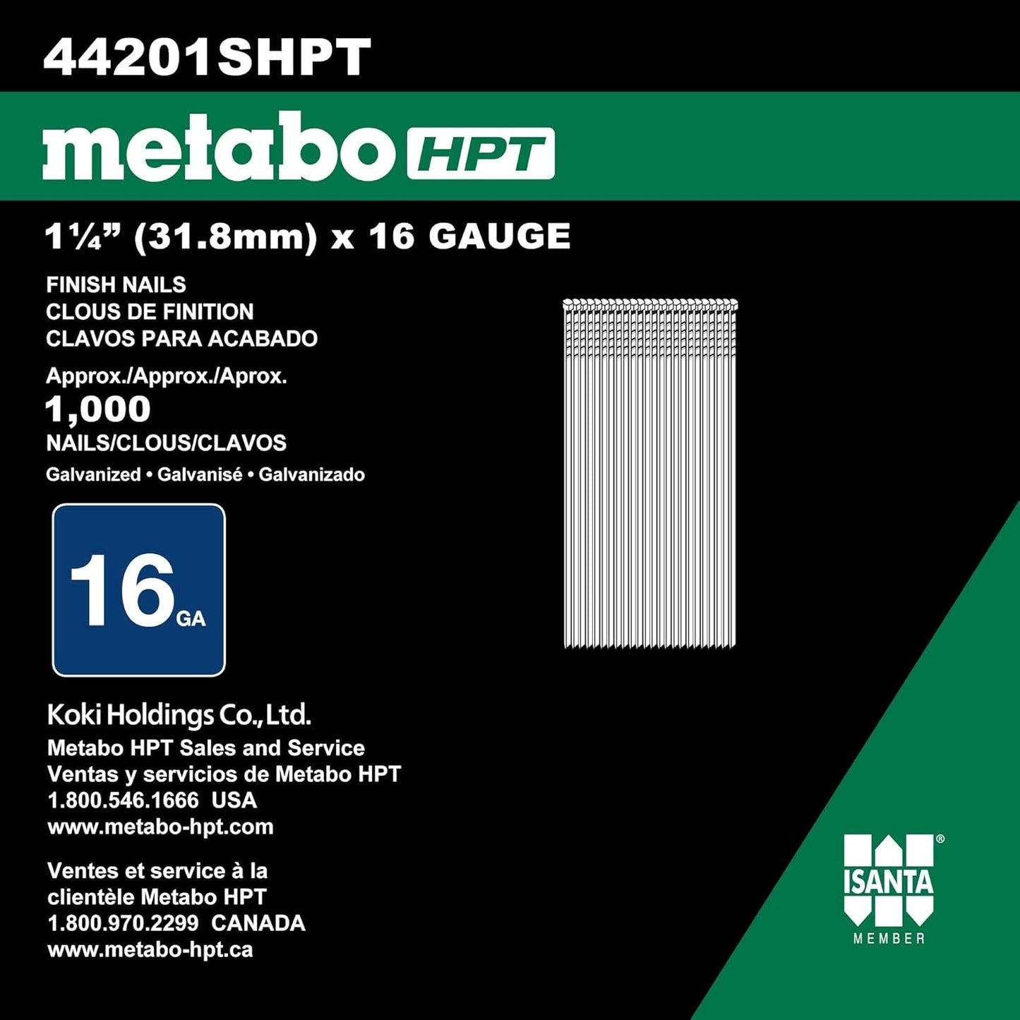 Metao HPT 44201SHPT, 16GA Elec. Galv. Finish Nails 1-1/4" x 16GA EG (1000 Count)