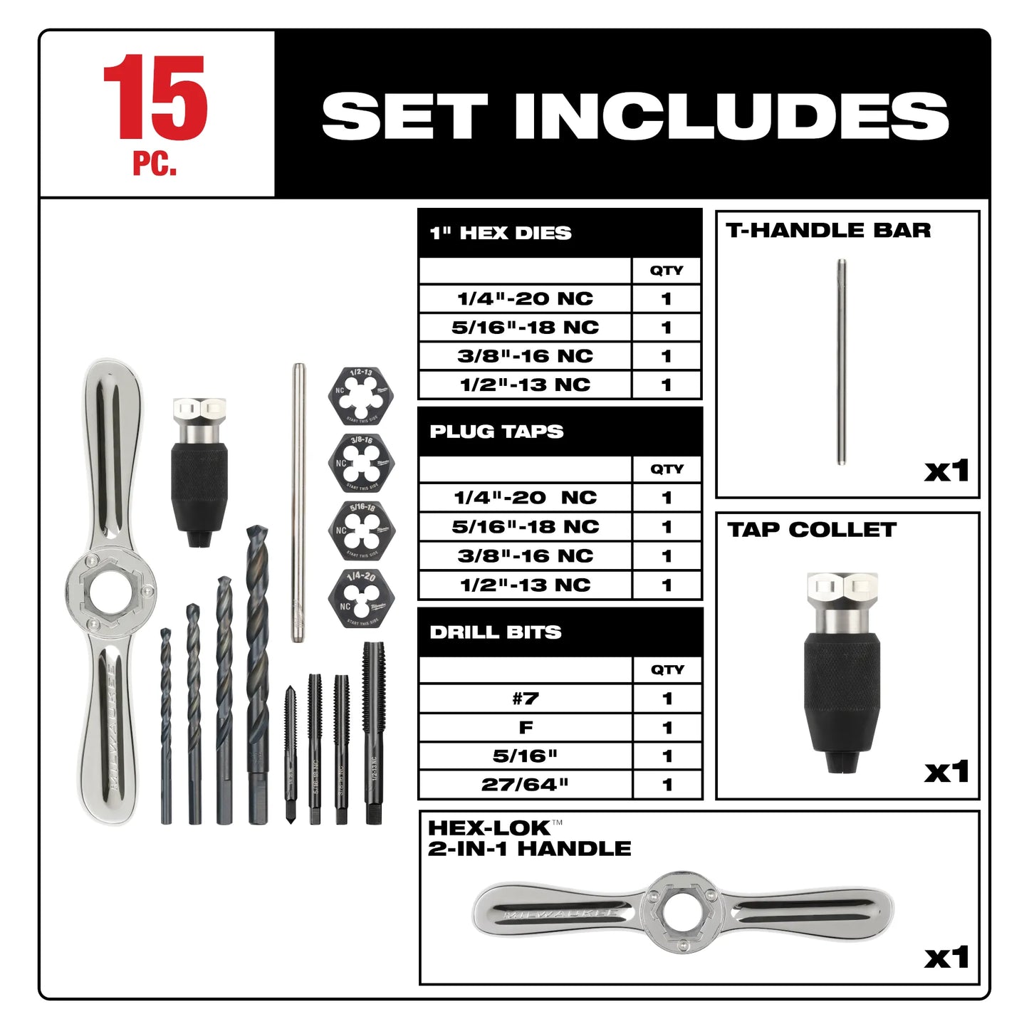 Milwaukee 49-22-5602, 15PC SAE Tap and Die Set with Hex-LOK™ 2-in-1 Handle