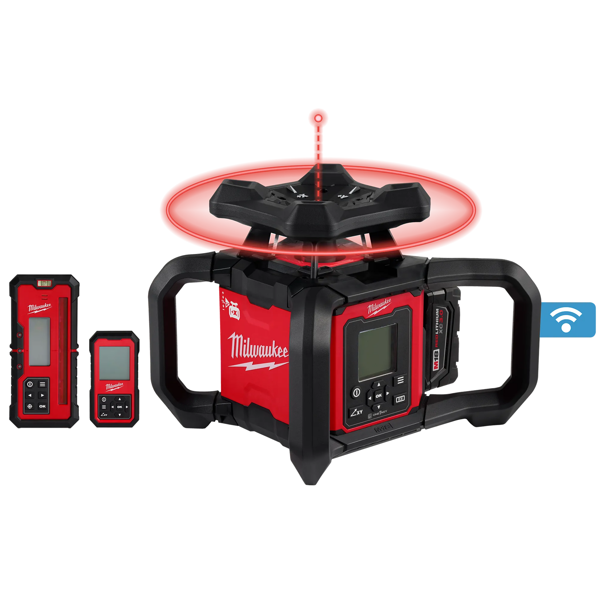 Milwaukee 3704-21T, M18™ Red Exterior Dual Slope Rotary Laser Level Kit w/ Receiver, Remote, Grade Rod & Tripod
