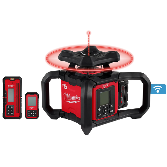 Milwaukee 3704-21T, M18™ Red Exterior Dual Slope Rotary Laser Level Kit w/ Receiver, Remote, Grade Rod & Tripod
